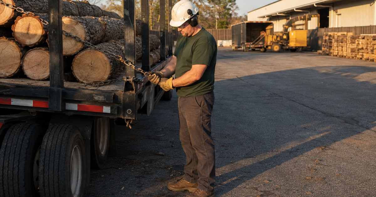 Worker cinching a chain sling over a load of post oak rounds on the truck’s log bunk at the end of a Smyrna day.