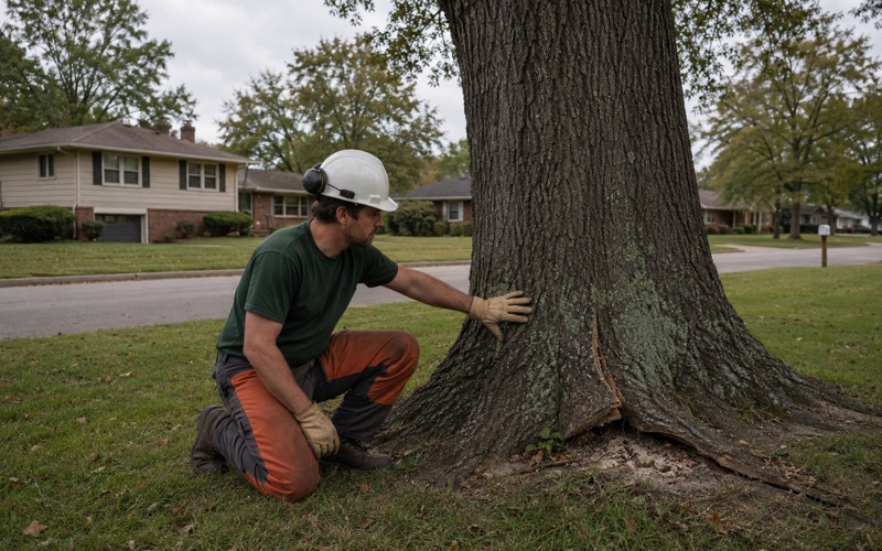 Worker reading the root flare of a mature post oak on a Smyrna lawn where the turf has lifted at the plate.