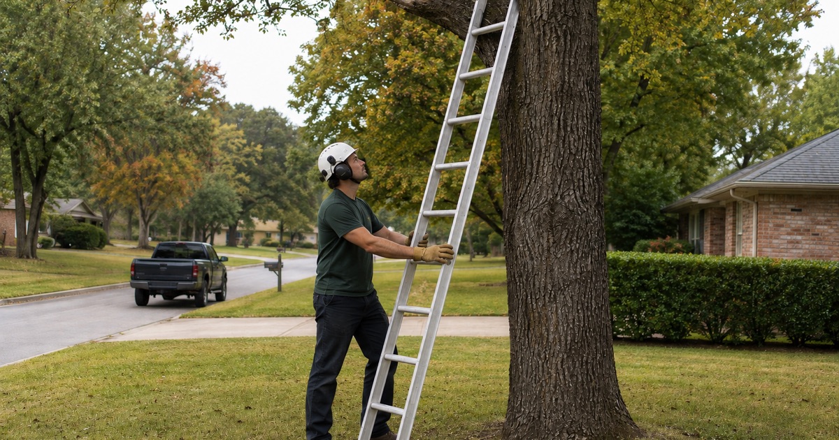 Worker footing a ladder against a low post oak limb on a Smyrna front lawn during an estimate visit.