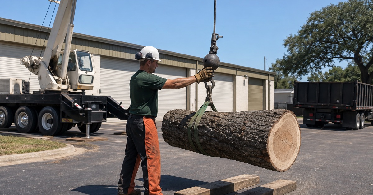 Worker steadying the crane hook block as a post oak section is taken off a tight Smyrna commercial lot.