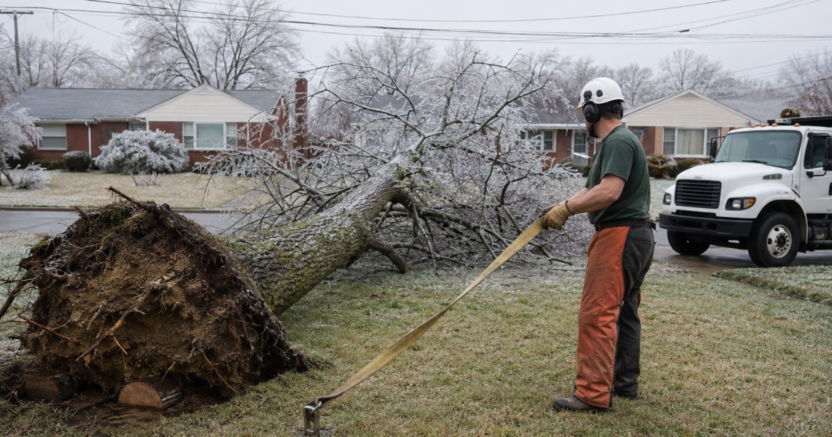 Worker setting a choker strap at the butt end of an ice-thrown chinkapin oak in a Smyrna front yard.