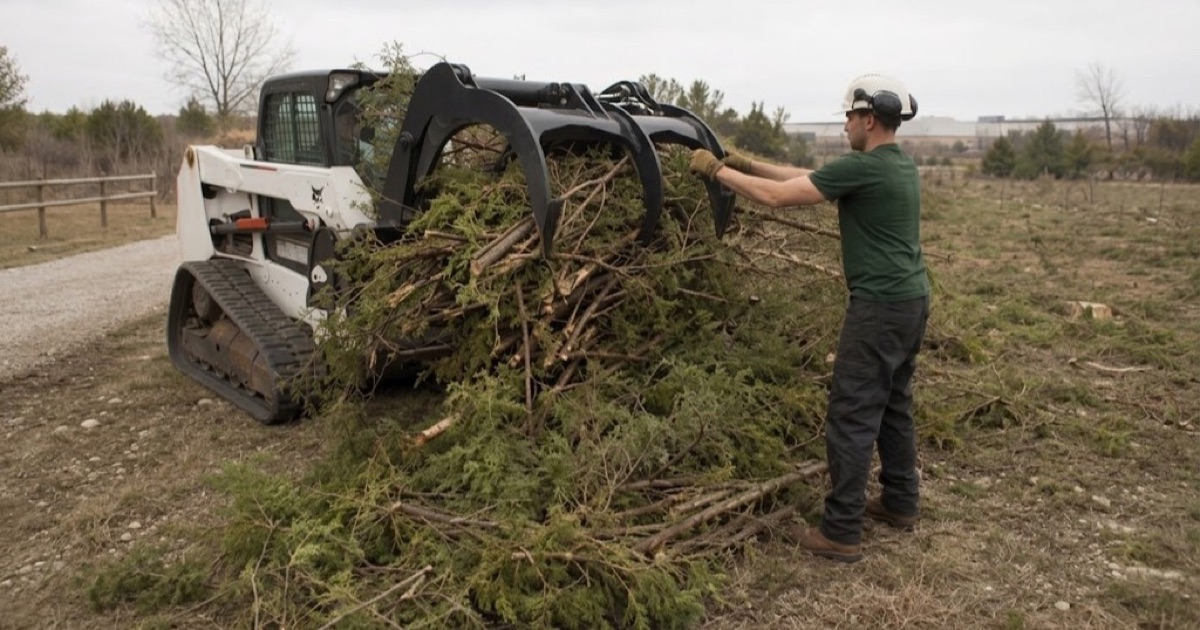 Worker guiding the grapple arm as it lays eastern red cedar stems onto a windrow at the edge of a Smyrna lot.