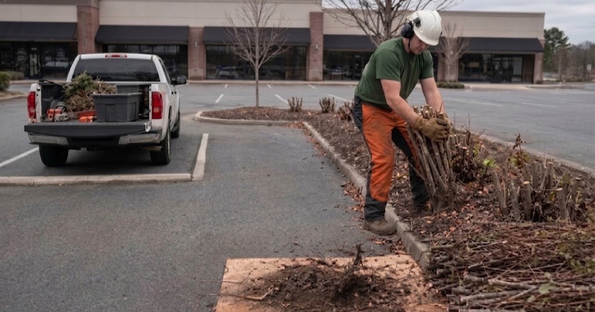 Worker pulling out a hedge stem cluster at a Smyrna storefront frontage after the top has been taken off.