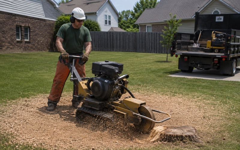 Worker sweeping a stump grinder across the face of an eastern red cedar stump in a Smyrna back yard.