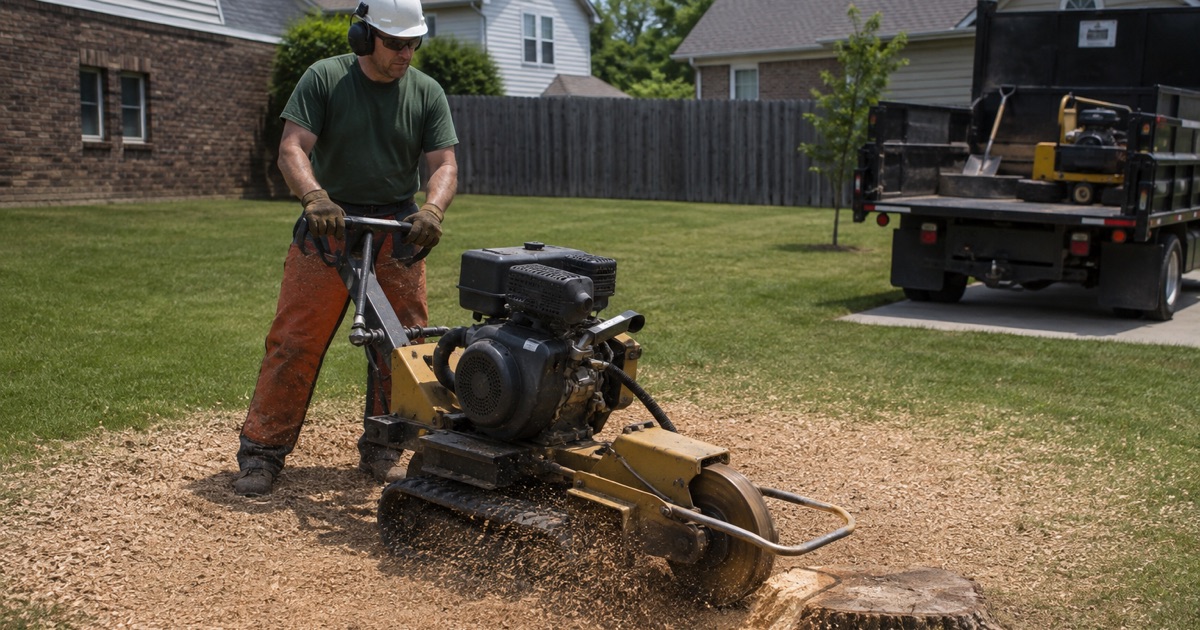 Worker sweeping a stump grinder across the face of an eastern red cedar stump in a Smyrna back yard.