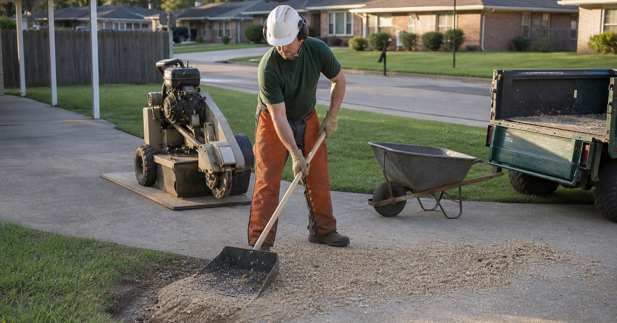 Worker scooping ground stump chips off a Smyrna driveway apron into a barrow after the grinder has finished.