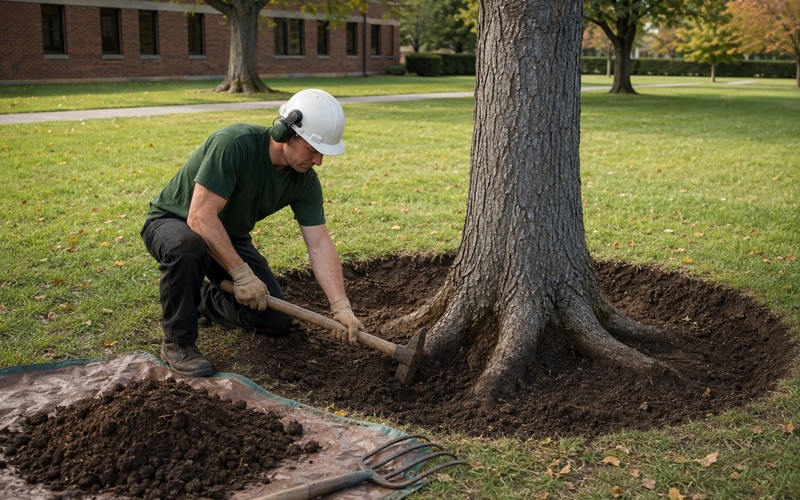 Worker opening the soil at the root collar of a blue ash on Smyrna institutional grounds.