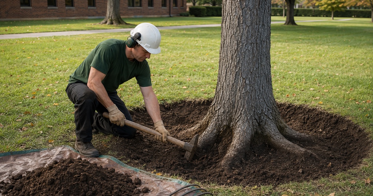 Worker opening the soil at the root collar of a blue ash on Smyrna institutional grounds.
