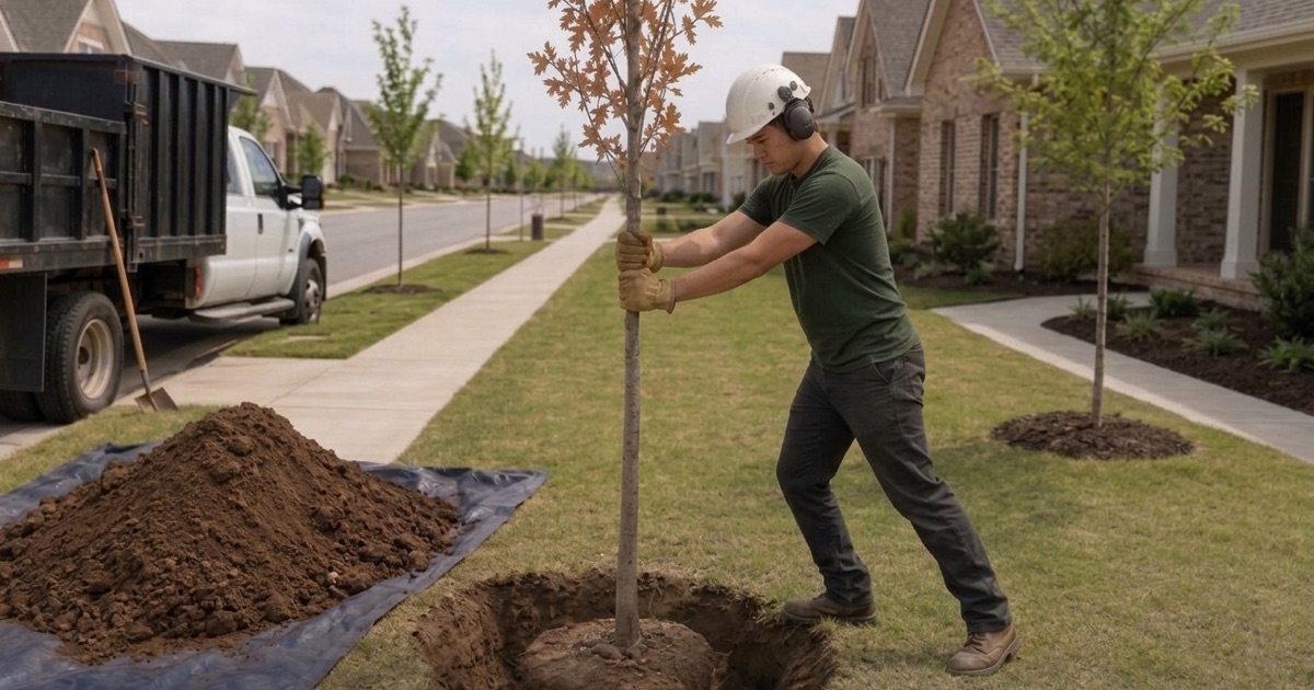 Worker steadying a young chinkapin oak by its stem as it is set into a planting hole on a new Smyrna lot.