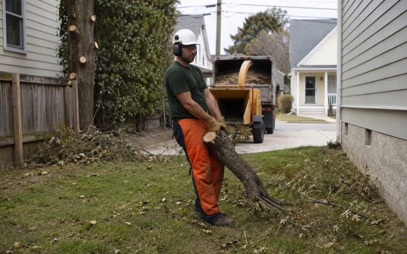 Worker carrying a lowered limb butt to the chipper after an overhanging limb was cut back to a Smyrna property line.