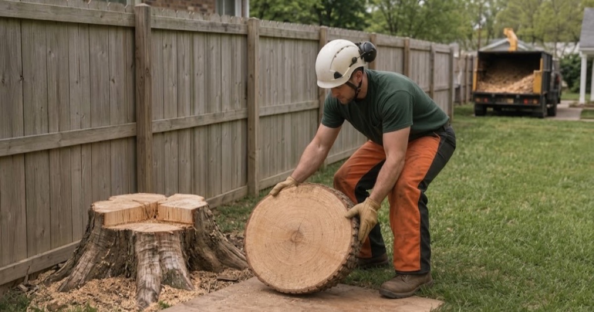 Worker tipping a winged elm round over onto plywood beside a shared Smyrna property line, the fresh stump at the fence behind him.