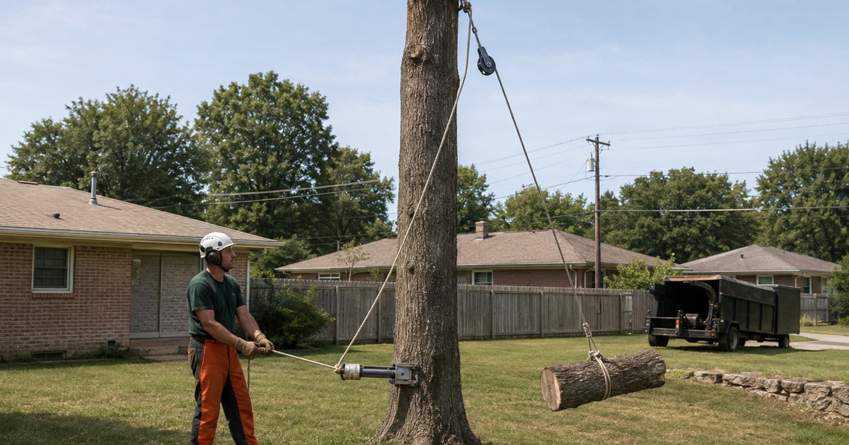 Ground worker holding three wraps on the bollard while a post oak stem section comes down into a Smyrna back yard.