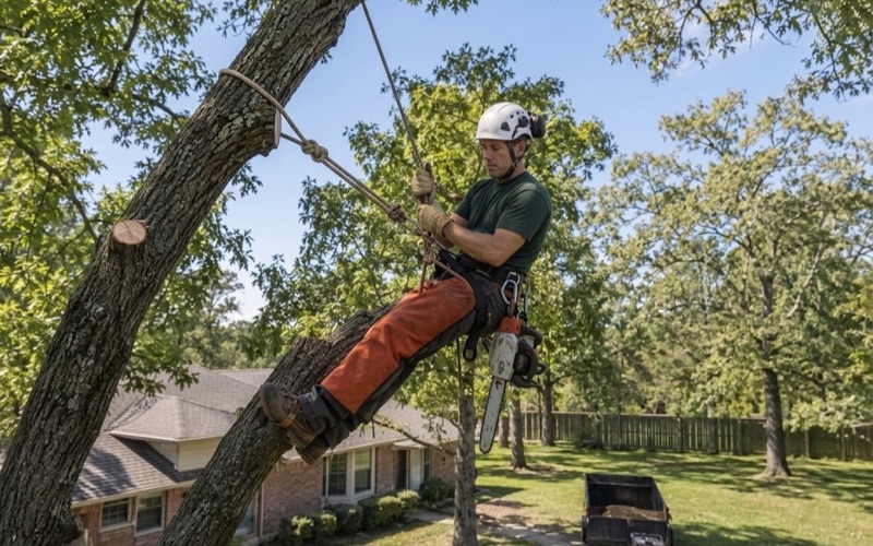 Climber on his line in a chinkapin oak crown over a Smyrna yard, tied in above the limb he is working.
