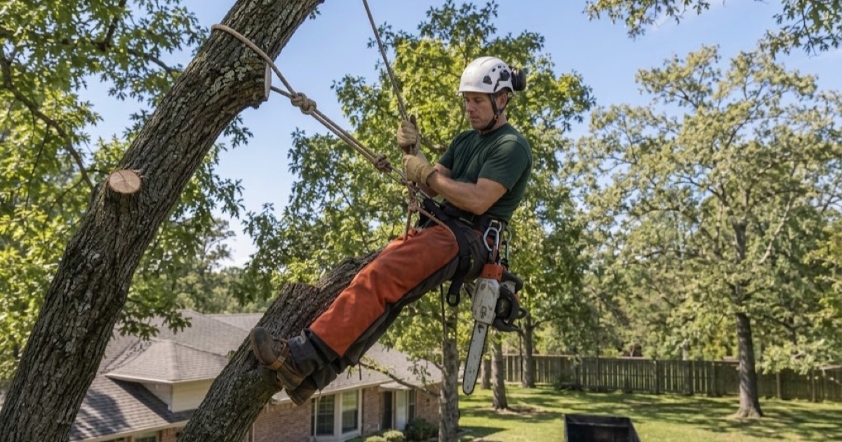 Climber on his line in a chinkapin oak crown over a Smyrna yard, tied in above the limb he is working.