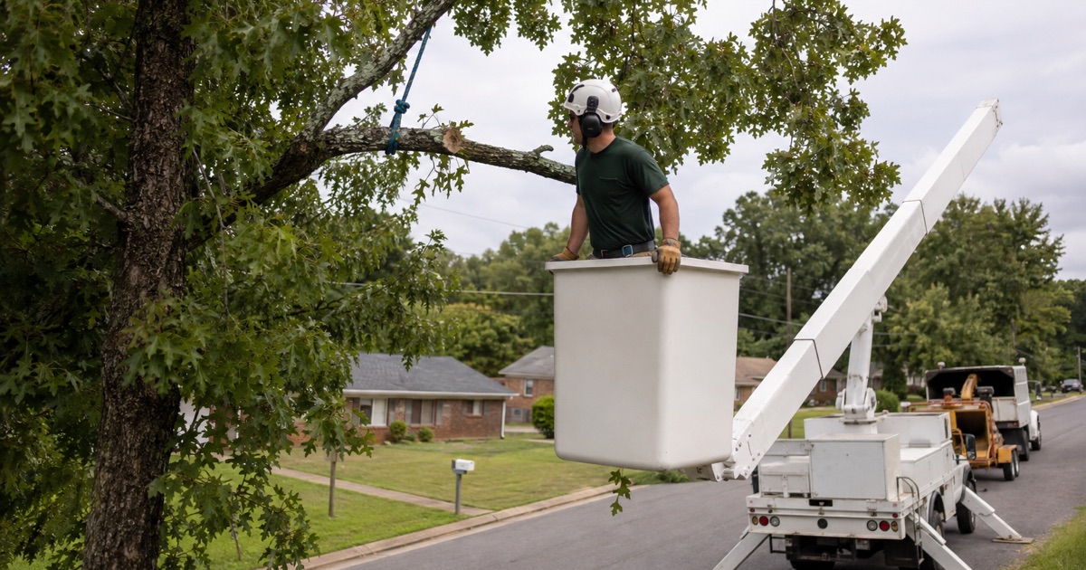 Worker leaning on the bucket rail to read the branch collar of a chinkapin oak limb over a Smyrna street verge.